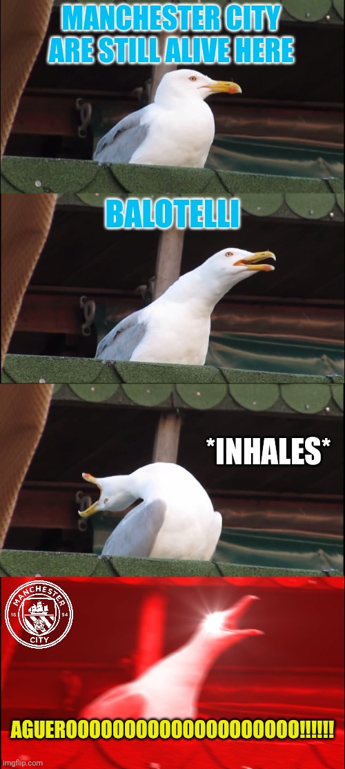 13 years ago, "AGUEROOOO" is born today as Man City wins the first ever PL title to snatch it from Man United | MANCHESTER CITY ARE STILL ALIVE HERE; BALOTELLI; *INHALES*; AGUEROOOOOOOOOOOOOOOOOOOO!!!!!! | image tagged in memes,inhaling seagull,manchester city,sports,premier league,aguerooooo | made w/ Imgflip meme maker