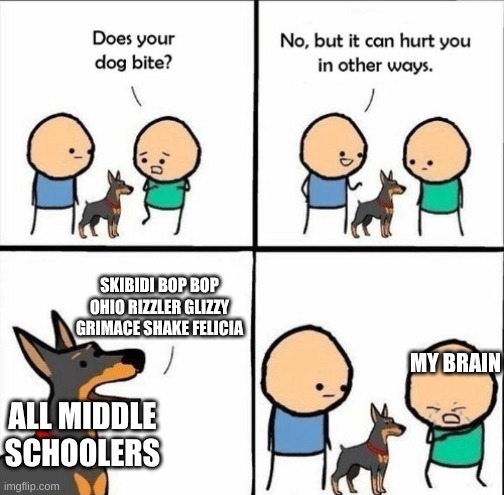does your dog bite | SKIBIDI BOP BOP OHIO RIZZLER GLIZZY GRIMACE SHAKE FELICIA; MY BRAIN; ALL MIDDLE SCHOOLERS | image tagged in does your dog bite | made w/ Imgflip meme maker