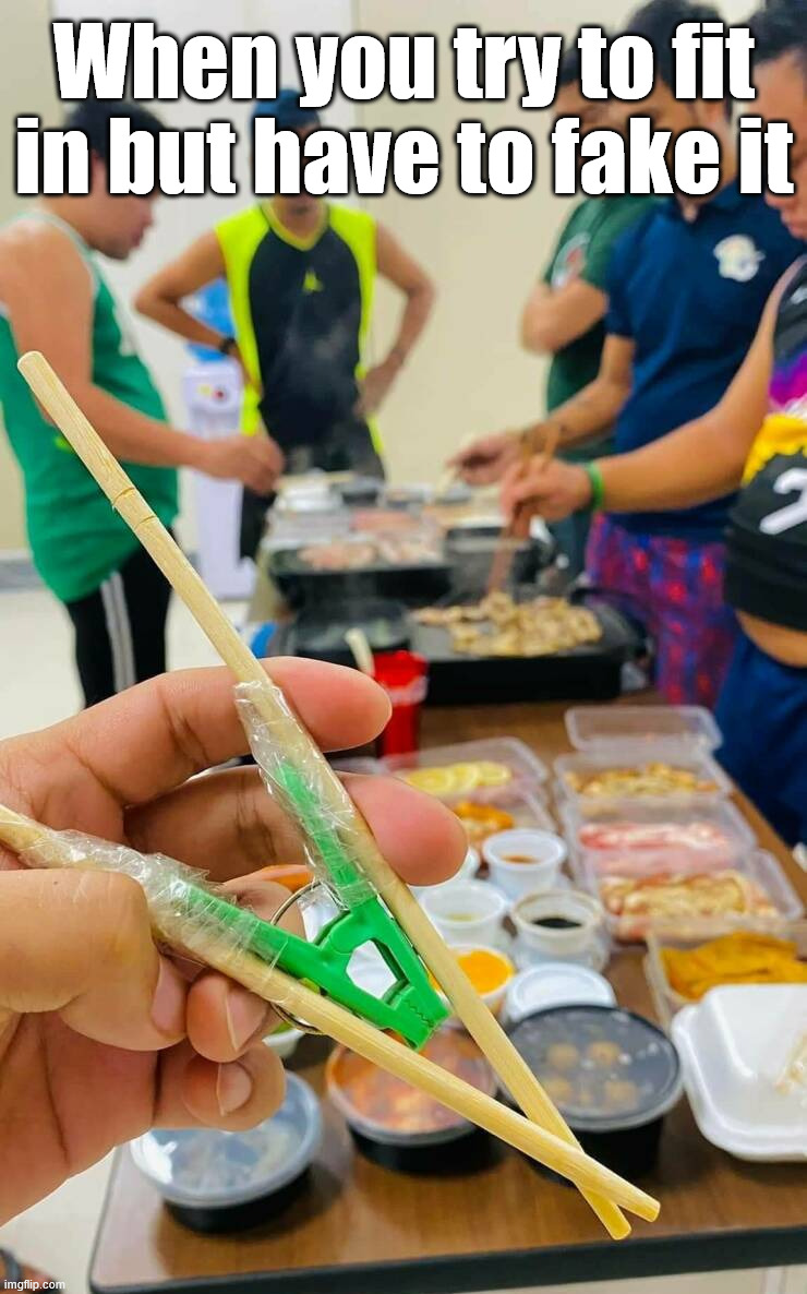 Life hack for everyone | When you try to fit in but have to fake it | image tagged in fitting in,life hack,chop sticks,sometimes my genius is it's almost frightening | made w/ Imgflip meme maker