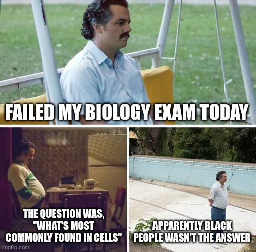 not mine | FAILED MY BIOLOGY EXAM TODAY; THE QUESTION WAS, "WHAT'S MOST COMMONLY FOUND IN CELLS"; APPARENTLY BLACK PEOPLE WASN'T THE ANSWER | image tagged in memes,sad pablo escobar | made w/ Imgflip meme maker