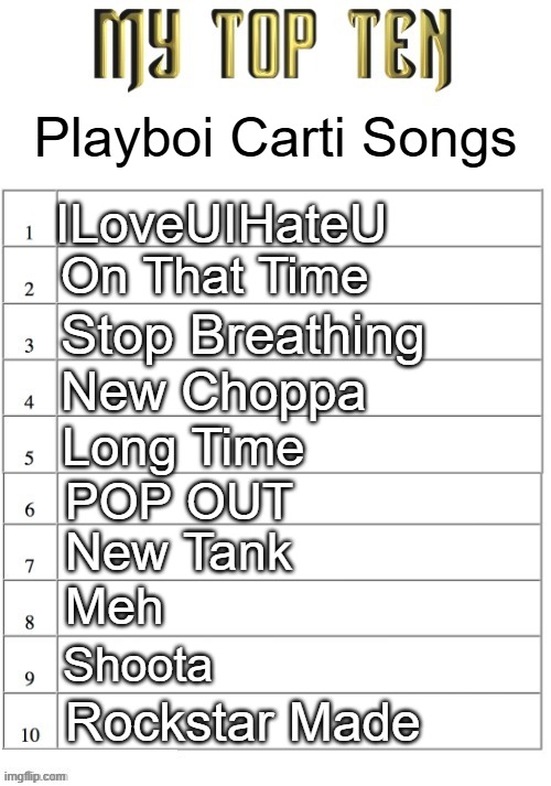 Meh is different from @ MEH | Playboi Carti Songs; ILoveUIHateU; On That Time; Stop Breathing; New Choppa; Long Time; POP OUT; New Tank; Meh; Shoota; Rockstar Made | image tagged in top ten list better | made w/ Imgflip meme maker