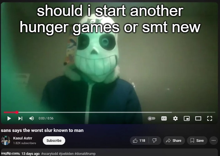 sans says the worst slur known to man | should i start another hunger games or smt new | image tagged in sans says the worst slur known to man | made w/ Imgflip meme maker