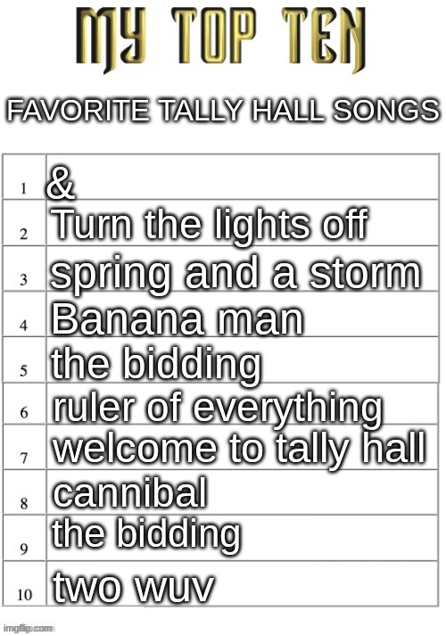 WHO HERE IS A TALLY HALL FAN | FAVORITE TALLY HALL SONGS; &; Turn the lights off; spring and a storm; Banana man; the bidding; ruler of everything; welcome to tally hall; cannibal; the bidding; two wuv | image tagged in top ten list better | made w/ Imgflip meme maker