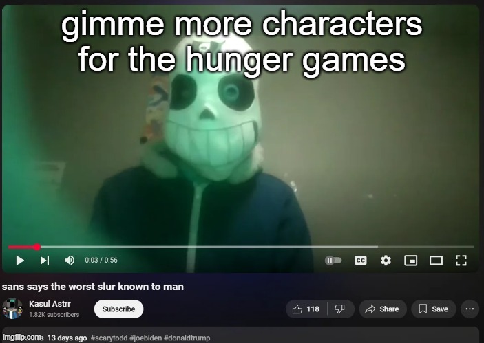 sans says the worst slur known to man | gimme more characters for the hunger games | image tagged in sans says the worst slur known to man | made w/ Imgflip meme maker