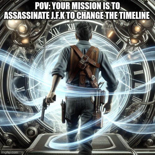 J.F.K conspiracy meme | POV: YOUR MISSION IS TO ASSASSINATE J.F.K TO CHANGE THE TIMELINE | image tagged in a time traveler with gun going in a through a time machine with | made w/ Imgflip meme maker