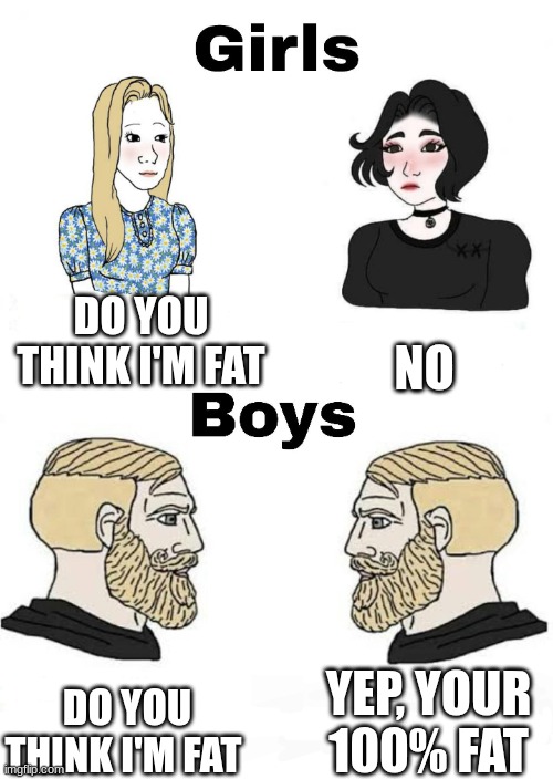 haha | DO YOU THINK I'M FAT; NO; YEP, YOUR 100% FAT; DO YOU THINK I'M FAT | image tagged in girls vs boys | made w/ Imgflip meme maker