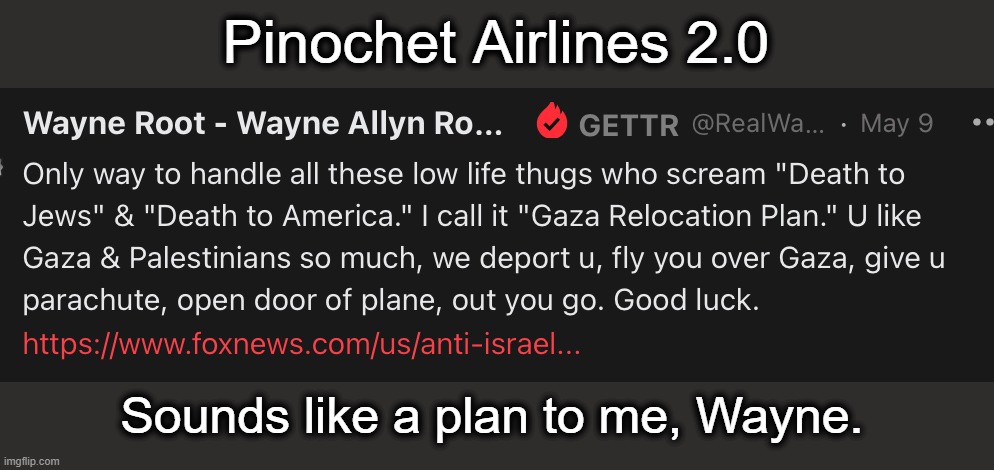Pinochet Airlines 2.0 | Pinochet Airlines 2.0; Sounds like a plan to me, Wayne. | image tagged in pinochet airlines,be like,pinochet,logic,sounds like a plan,wayne root | made w/ Imgflip meme maker