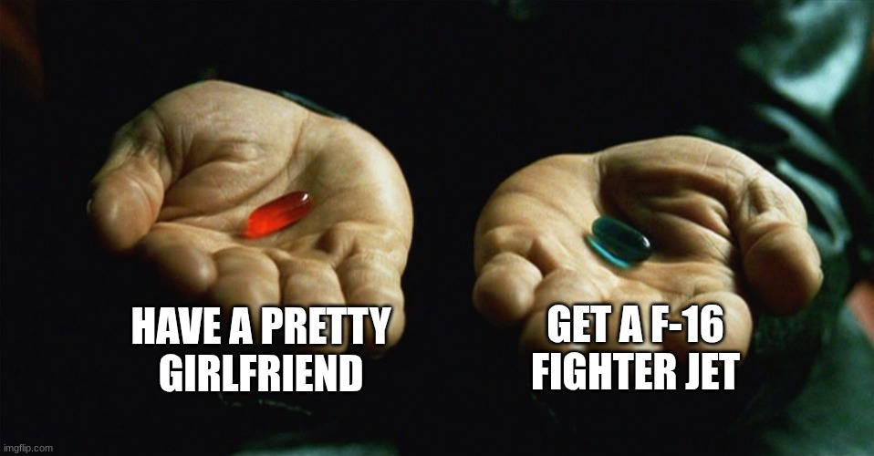 What's your choice | HAVE A PRETTY GIRLFRIEND; GET A F-16 FIGHTER JET | image tagged in red pill blue pill | made w/ Imgflip meme maker