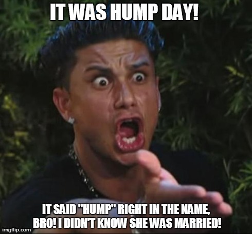 DJ Pauly D | IT WAS HUMP DAY!  IT SAID "HUMP" RIGHT IN THE NAME, BRO! I DIDN'T KNOW SHE WAS MARRIED! | image tagged in memes,dj pauly d | made w/ Imgflip meme maker