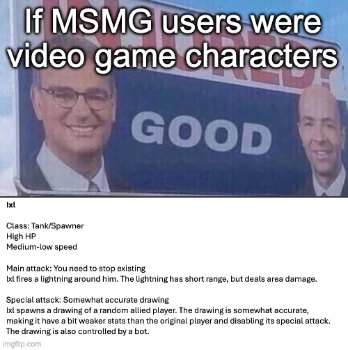 Back with this, also I finally had the creativity to do another request | If MSMG users were video game characters | image tagged in injured good announcement | made w/ Imgflip meme maker