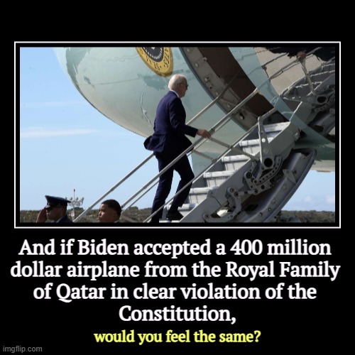 And if Biden accepted a 400 million 
dollar airplane from the Royal Family 
of Qatar in clear violation of the 
Constitution, | would you fe | image tagged in funny,demotivationals,trump,biden,qatar,airplane | made w/ Imgflip demotivational maker