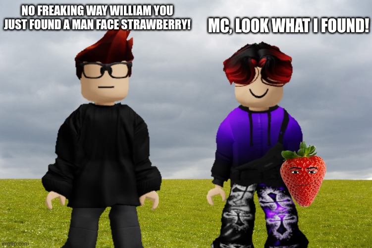William found a man face strawberry when he was walking with MC. | MC, LOOK WHAT I FOUND! NO FREAKING WAY WILLIAM YOU JUST FOUND A MAN FACE STRAWBERRY! | image tagged in mc,william,memes,roblox,man face strawberry | made w/ Imgflip meme maker