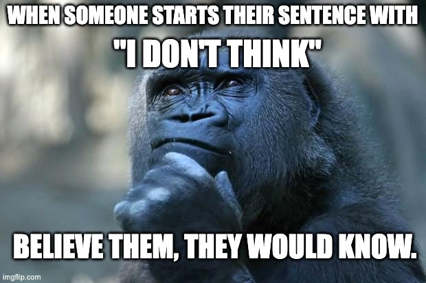 I don't Think | "I DON'T THINK"; WHEN SOMEONE STARTS THEIR SENTENCE WITH; BELIEVE THEM, THEY WOULD KNOW. | image tagged in deep thoughts | made w/ Imgflip meme maker