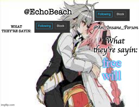 EchoBeach and InsanePerson shared temp :3 | free will | image tagged in echobeach and insaneperson shared temp 3 | made w/ Imgflip meme maker