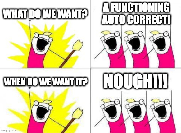 What Do We Want Meme | WHAT DO WE WANT? A FUNCTIONING AUTO CORRECT! NOUGH!!! WHEN DO WE WANT IT? | image tagged in memes,what do we want | made w/ Imgflip meme maker