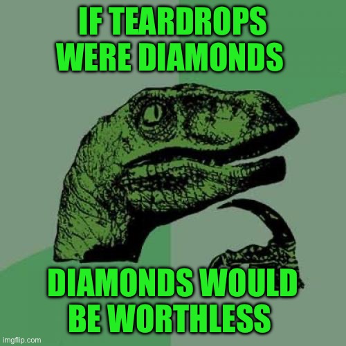 Philosoraptor | IF TEARDROPS WERE DIAMONDS; DIAMONDS WOULD BE WORTHLESS | image tagged in memes,philosoraptor | made w/ Imgflip meme maker