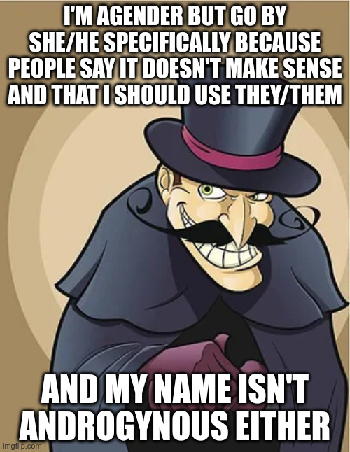 I'M AGENDER BUT GO BY SHE/HE SPECIFICALLY BECAUSE PEOPLE SAY IT DOESN'T MAKE SENSE AND THAT I SHOULD USE THEY/THEM; AND MY NAME ISN'T ANDROGYNOUS EITHER | made w/ Imgflip meme maker