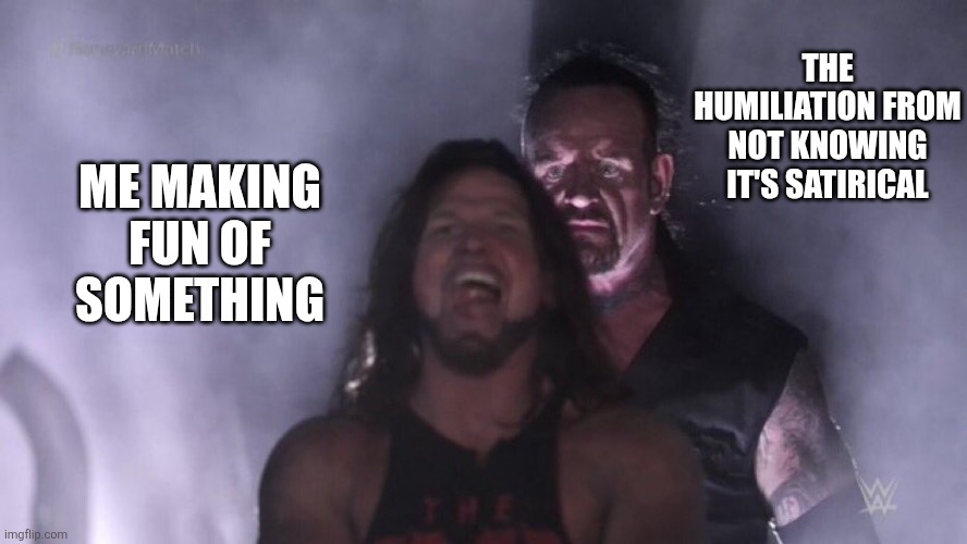 And then you have to act like you knew it was satirical the whole time | THE HUMILIATION FROM NOT KNOWING IT'S SATIRICAL; ME MAKING FUN OF SOMETHING | image tagged in aj styles undertaker | made w/ Imgflip meme maker