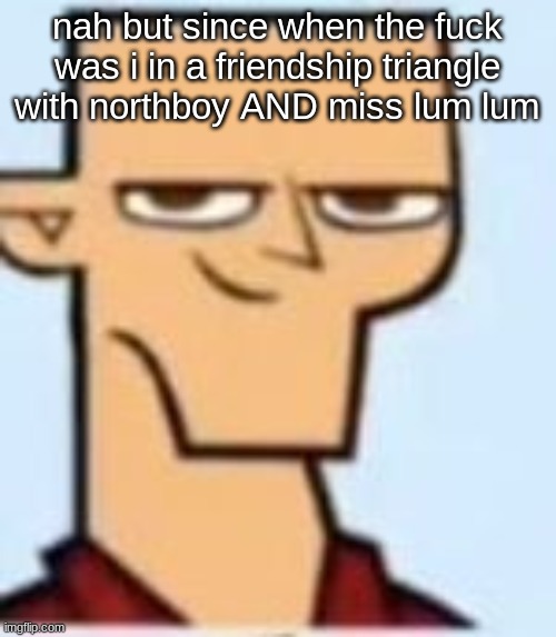 tyler | nah but since when the fuck was i in a friendship triangle with northboy AND miss lum lum | image tagged in tyler | made w/ Imgflip meme maker