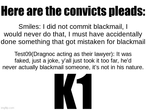 Round 1 | Here are the convicts pleads:; Smiles: I did not commit blackmail, I would never do that, I must have accidentally done something that got mistaken for blackmail; Test09(Dragnoc acting as their lawyer): It was faked, just a joke, y'all just took it too far, he'd never actually blackmail someone, it's not in his nature. K1 | made w/ Imgflip meme maker