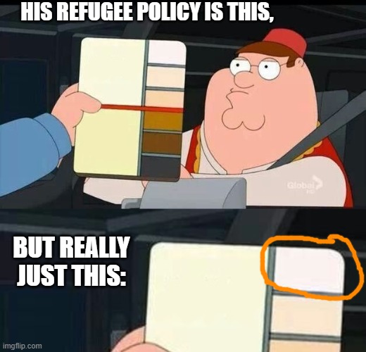 HIS REFUGEE POLICY IS THIS, BUT REALLY JUST THIS: | image tagged in peter griffin skin color chart race terrorist blank | made w/ Imgflip meme maker