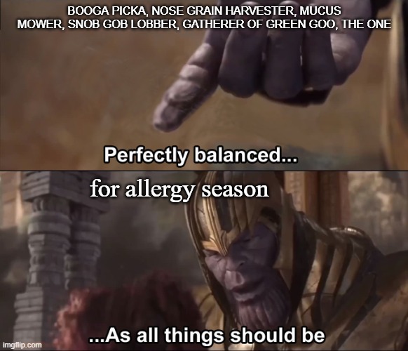 Thanos - Allergy Season | BOOGA PICKA, NOSE GRAIN HARVESTER, MUCUS MOWER, SNOB GOB LOBBER, GATHERER OF GREEN GOO, THE ONE; for allergy season | image tagged in blank thanos balence,booga picka,nose grain harvester,mucus mower,snob gob lobber,gatherer of green goo | made w/ Imgflip meme maker