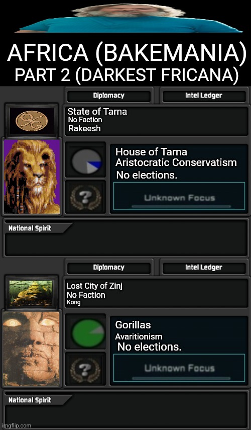 AFRICA (BAKEMANIA); PART 2 (DARKEST FRICANA); State of Tarna; No Faction; Rakeesh; House of Tarna; Aristocratic Conservatism; No elections. Lost City of Zinj; No Faction; Kong; Gorillas; Avaritionism; No elections. | image tagged in memes,gorilla,lion | made w/ Imgflip meme maker