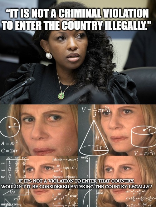 So ironic it's funny | “IT IS NOT A CRIMINAL VIOLATION TO ENTER THE COUNTRY ILLEGALLY.”; IF IT'S NOT A VIOLATION TO ENTER THAT COUNTRY, WOULDN'T IT BE CONSIDERED ENTERING THE COUNTRY LEGALLY? | image tagged in jasmine crockett,calculating meme | made w/ Imgflip meme maker