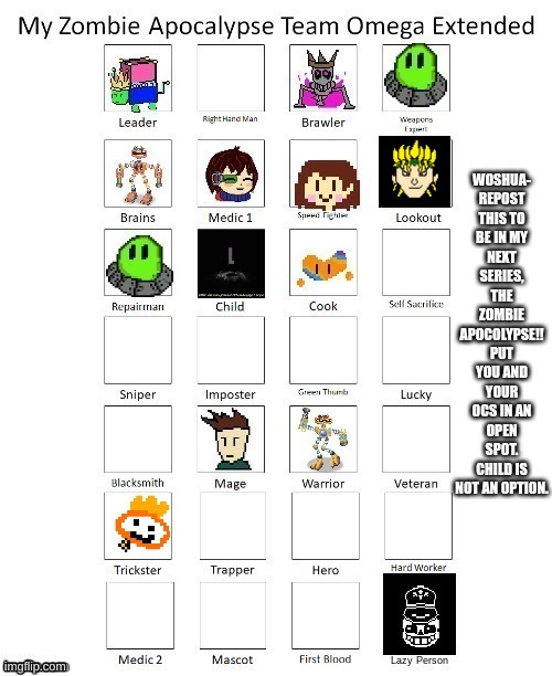 I'll be lookout since I can fly and stop time n stuff (I could also be like back-up warrior) | image tagged in my zombie apocalypse team | made w/ Imgflip meme maker