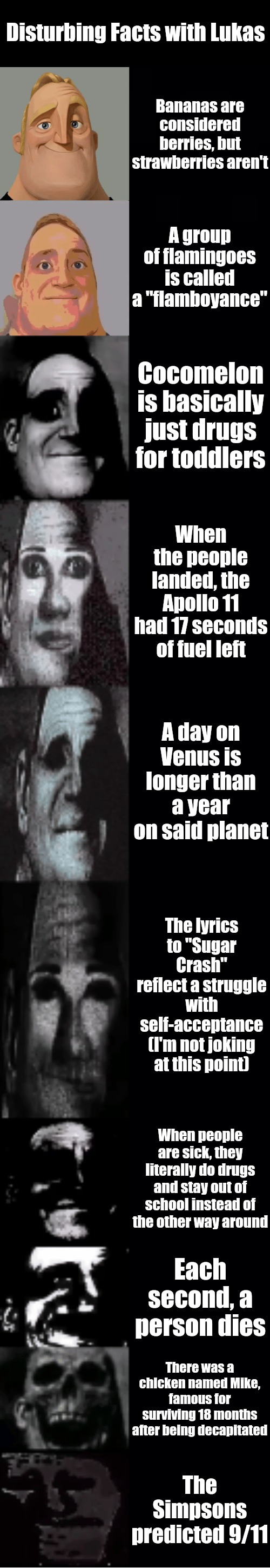 Disturbing Facts with Lukas | Disturbing Facts with Lukas; Bananas are considered berries, but strawberries aren't; A group of flamingoes is called a "flamboyance"; Cocomelon is basically just drugs for toddlers; When the people landed, the Apollo 11 had 17 seconds of fuel left; A day on Venus is longer than a year on said planet; The lyrics to "Sugar Crash" reflect a struggle with self-acceptance (I'm not joking at this point); When people are sick, they literally do drugs and stay out of school instead of the other way around; Each second, a person dies; There was a chicken named Mike, famous for surviving 18 months after being decapitated; The Simpsons predicted 9/11 | image tagged in mr incredible becoming uncanny | made w/ Imgflip meme maker