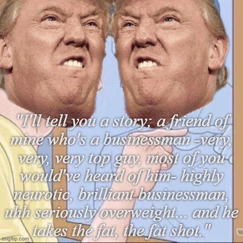 Every accusation a confession... | "I'll tell you a story; a friend of
mine who's a businessman -very,
very, very top guy, most of you
would've heard of him- highly
neurotic, brilliant businessman,
uhh seriously overweight... and he
takes the fat, the fat shot." | image tagged in pointing mirror guy | made w/ Imgflip meme maker