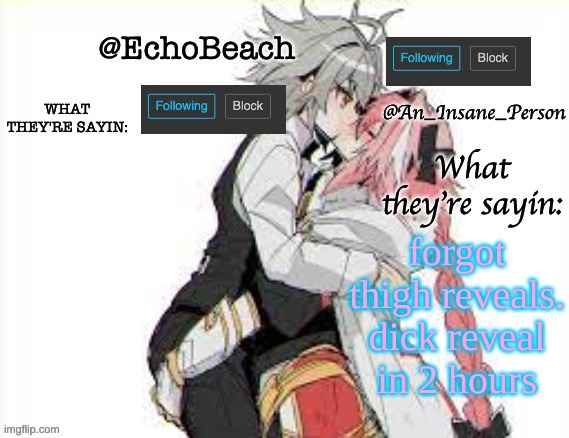EchoBeach and InsanePerson shared temp :3 | forgot thigh reveals. dick reveal in 2 hours | image tagged in echobeach and insaneperson shared temp 3 | made w/ Imgflip meme maker