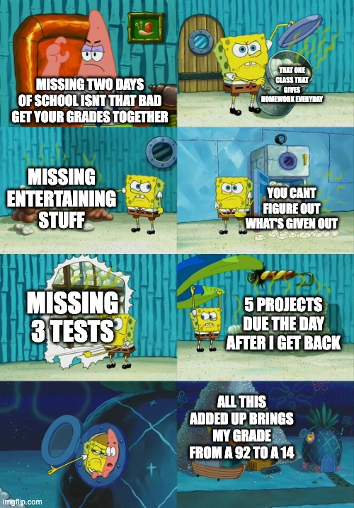 for the record this all happened to me | THAT ONE CLASS THAT GIVES HOMEWORK EVERYDAY; MISSING TWO DAYS OF SCHOOL ISNT THAT BAD GET YOUR GRADES TOGETHER; MISSING ENTERTAINING STUFF; YOU CANT FIGURE OUT WHAT'S GIVEN OUT; MISSING 3 TESTS; 5 PROJECTS DUE THE DAY AFTER I GET BACK; ALL THIS ADDED UP BRINGS MY GRADE FROM A 92 TO A 14 | image tagged in spongebob diapers meme | made w/ Imgflip meme maker