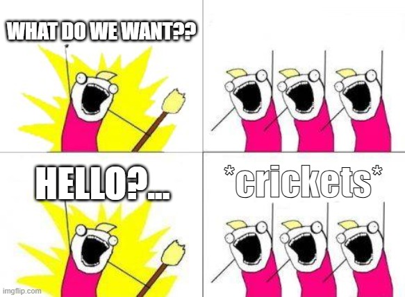 What Do We Want | WHAT DO WE WANT?? *crickets*; HELLO?... | image tagged in memes,what do we want | made w/ Imgflip meme maker