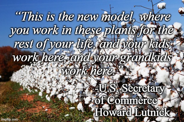Yeah... not a new model, bruh. | “This is the new model, where
you work in these plants for the
rest of your life, and your kids
work here, and your grandkids
work here.”; -U.S. Secretary
of Commerce
Howard Lutnick | image tagged in cotton field,hold up,wait what,smacks of slavery,bruhh | made w/ Imgflip meme maker