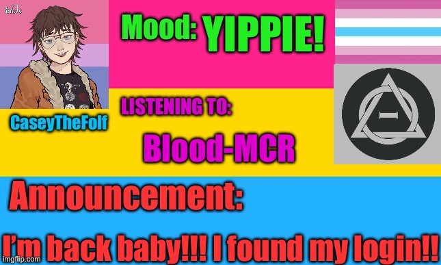 LESGO | YIPPIE! Blood-MCR; I’m back baby!!! I found my login!! | image tagged in caseythefolf2 temp v4 | made w/ Imgflip meme maker