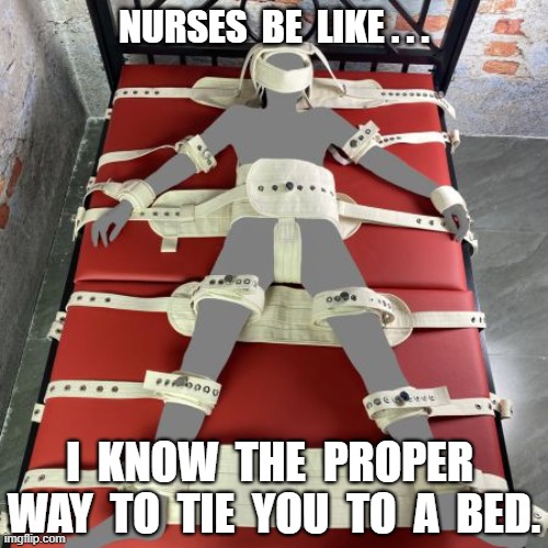 Nurses be like... | NURSES  BE  LIKE . . . I  KNOW  THE  PROPER  WAY  TO  TIE  YOU  TO  A  BED. | image tagged in funny,funny memes,nursing,nurse,nurses | made w/ Imgflip meme maker