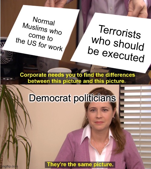 I’m NOT a xenophobe! | Normal Muslims who come to the US for work; Terrorists who should be executed; Democrat politicians | image tagged in memes,they're the same picture,anti islamophobia | made w/ Imgflip meme maker