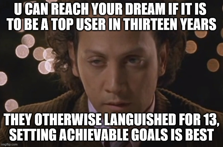 U CAN REACH YOUR DREAM IF IT IS 
TO BE A TOP USER IN THIRTEEN YEARS THEY OTHERWISE LANGUISHED FOR 13,
SETTING ACHIEVABLE GOALS IS BEST | image tagged in rob schneider in the animal | made w/ Imgflip meme maker