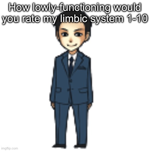 10 is highly functioning. 1 is extremely lowly functioning. The limbic system is the part of the brain that regulates emotions | How lowly-functioning would you rate my limbic system 1-10 | image tagged in moriarty but a shimeji | made w/ Imgflip meme maker