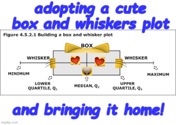 Adopt a stray stat today! It can be a wonderful companion | adopting a cute box and whiskers plot and bringing it home! | image tagged in pet,math,cat,data | made w/ Imgflip meme maker