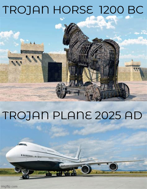 You'd have to be stupid | TROJAN HORSE  1200 BC; TROJAN PLANE 2025 AD | image tagged in you'd have to be stupid,the shoe fits,traitor,maga muslim,qatari terrorist,sellout | made w/ Imgflip meme maker