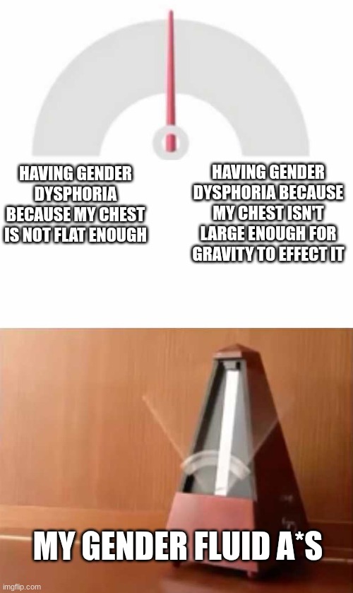 Metronome | HAVING GENDER DYSPHORIA BECAUSE MY CHEST ISN'T LARGE ENOUGH FOR GRAVITY TO EFFECT IT; HAVING GENDER DYSPHORIA BECAUSE MY CHEST IS NOT FLAT ENOUGH; MY GENDER FLUID A*S | image tagged in metronome | made w/ Imgflip meme maker