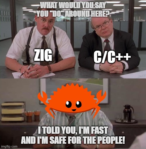 Justify Rust | WHAT WOULD YOU SAY YOU "DO" AROUND HERE? ZIG; C/C++; I TOLD YOU, I'M FAST AND I'M SAFE FOR THE PEOPLE! | image tagged in what would you say you do here | made w/ Imgflip meme maker