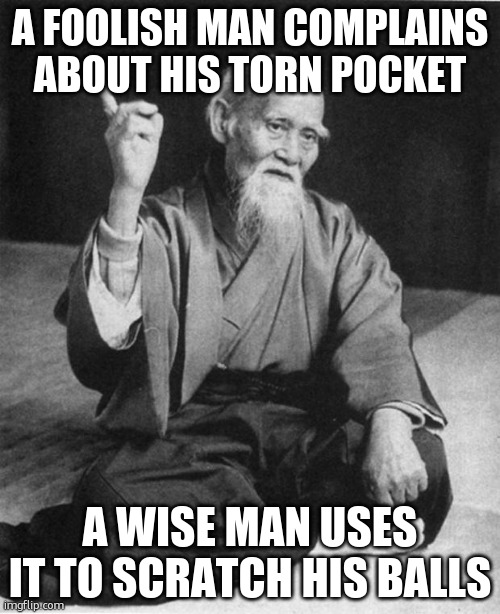 Wise Master | A FOOLISH MAN COMPLAINS ABOUT HIS TORN POCKET; A WISE MAN USES IT TO SCRATCH HIS BALLS | image tagged in wise master | made w/ Imgflip meme maker