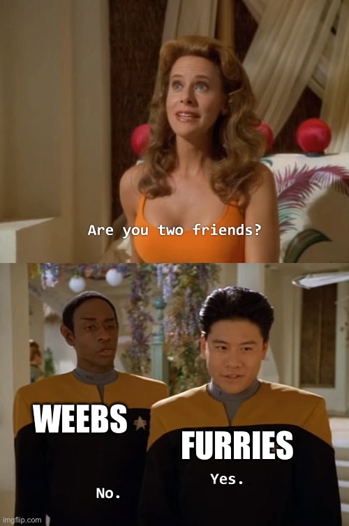 Are you two friends? | WEEBS; FURRIES | image tagged in are you two friends,furry,weeb | made w/ Imgflip meme maker
