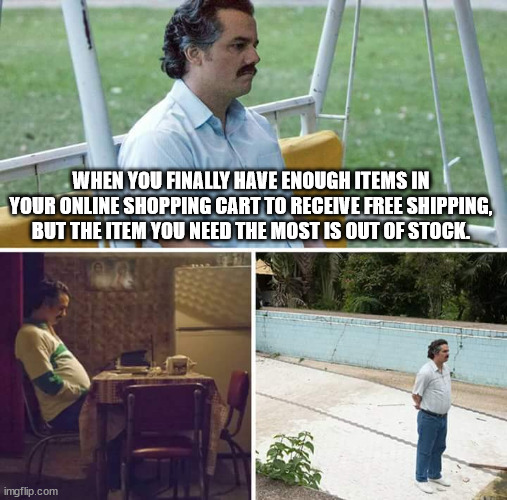 Online Shopping | WHEN YOU FINALLY HAVE ENOUGH ITEMS IN YOUR ONLINE SHOPPING CART TO RECEIVE FREE SHIPPING, BUT THE ITEM YOU NEED THE MOST IS OUT OF STOCK. | image tagged in memes,sad pablo escobar,free shipping,out of stock | made w/ Imgflip meme maker