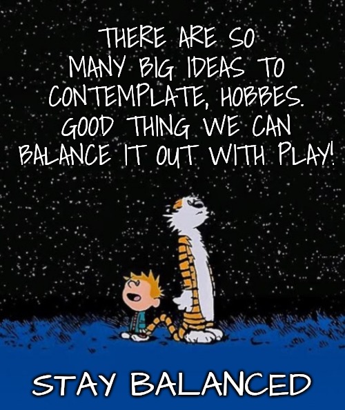 Keep a Healthy Balance | THERE ARE SO MANY BIG IDEAS TO CONTEMPLATE, HOBBES. GOOD THING WE CAN BALANCE IT OUT WITH PLAY! STAY BALANCED | image tagged in big idea,calvin and hobbes | made w/ Imgflip meme maker