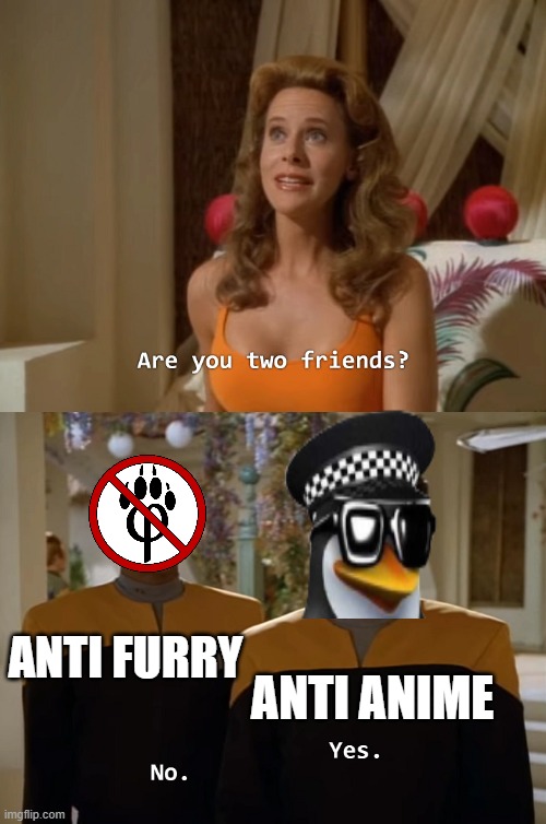 A lot of anti anime users are anti furry but there are barely any anti anime users in the anti furry coalition | ANTI FURRY; ANTI ANIME | image tagged in are you two friends,anti furry,anti anime,no anime,furry | made w/ Imgflip meme maker