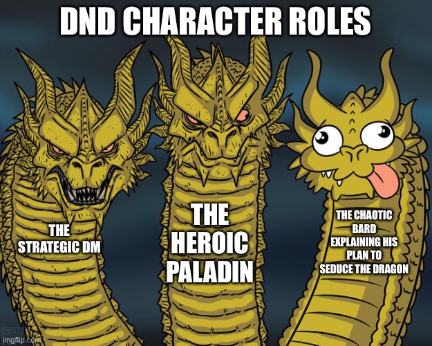 Three-headed Dragon | DND CHARACTER ROLES; THE HEROIC PALADIN; THE CHAOTIC BARD EXPLAINING HIS PLAN TO SEDUCE THE DRAGON; THE STRATEGIC DM | image tagged in three-headed dragon | made w/ Imgflip meme maker